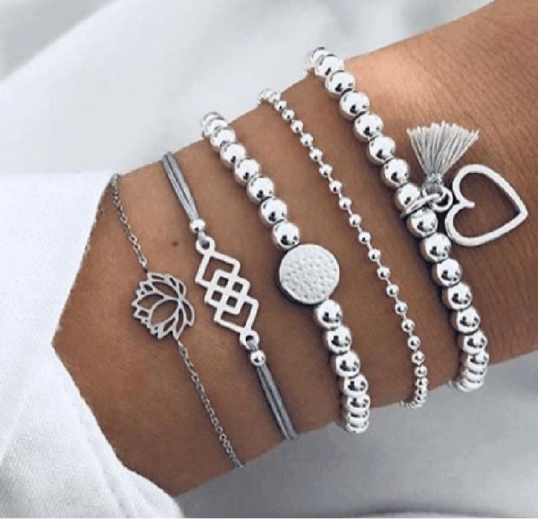 Ensemble de braceletes imitaion perles argentées alliage et coton